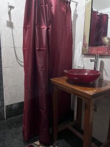 a bathroom with a red sink and a shower at Natural Hostel Colon in Colón