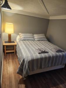 a bedroom with a bed and a lamp on a table at Central Apartment, Steps from the Park in Oswego