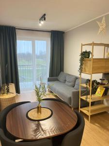Riga Riverside Escape Lucavsala, Close to City Center في ريغا: غرفة معيشة بها طاولة وأريكة