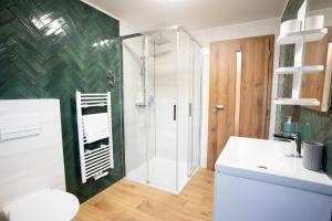 a bathroom with a shower and a toilet and a sink at Zámecká Konírna Hotel a Restaurace in Liberec