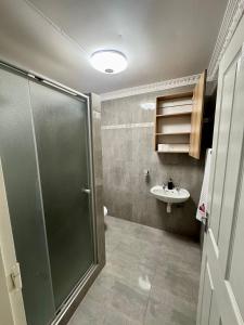 a bathroom with a shower and a sink at Inkinibe Self Catering in Windhoek