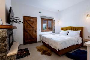 Un dormitorio con una cama grande y una chimenea. en MZ Reindeer, en Kalívia