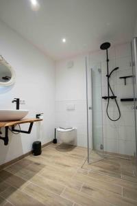 ein Badezimmer mit Dusche, Waschbecken und Toilette in der Unterkunft Exterhof in Rinteln + 34 Fotos