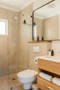 a bathroom with a toilet and a sink and a mirror at Patryssenvalleij Farm and Cottages in Stellenbosch