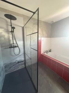 bagno con doccia in vetro e vasca. di Chambre chez l'habitant a Changé