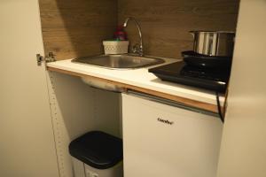 eine kleine Küche mit Spüle und Kühlschrank in der Unterkunft Moderno Rifugio - Milano Rogoredo in Mailand + 6 Fotos