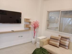a living room with a tv and a couch and a vase with flowers at Front beach cosy apartment in La Goulette