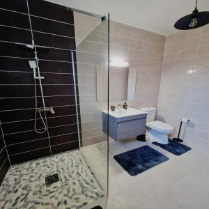 a bathroom with a shower and a sink and a toilet at La Casa Bongo - T4 cosy en pleine nature in Capesterre-Belle-Eau +12 photos