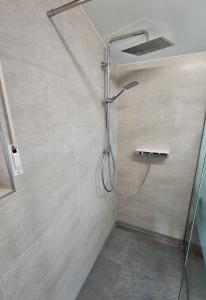 eine Dusche mit Duschkopf in einem Badezimmer in der Unterkunft Ferienhaus Kammblick in Schwarzhausen + 13 Fotos
