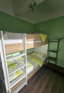 2 Etagenbetten in einem Zimmer mit grünen Wänden in der Unterkunft Ferienhaus Kammblick in Schwarzhausen