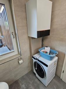 eine Waschmaschine mit einer Schüssel darüber in der Unterkunft Ferienhaus Kammblick in Schwarzhausen