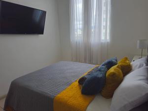 sypialnia z łóżkiem z niebieskimi i żółtymi poduszkami w obiekcie Bambú Luxury Stay-10 min from Airport w mieście Heredia +26 zdjęć