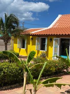 a yellow house with a palm tree in front of it at Mereri downtown apartments, apartment 13C in Oranjestad