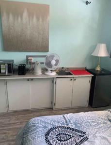 Zimmer mit einem Bett und einer Küche mit einem Ventilator in der Unterkunft Tight budget room for rent in my singlehouse in Estevan