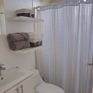 łazienka z białą zasłoną prysznicową i toaletą w obiekcie Bambú Luxury Stay-10 min from Airport w mieście Heredia