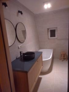 a bathroom with a sink and a tub and a mirror at Rust op de Kust - Villa 10 pers - 4 slpk - 2 badk in Middelkerke +41 photos