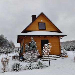 a small wooden cabin with snow on it at Jałowcowe Zacisze 