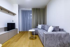 Apartmán Mierova في براتيسلافا: غرفة معيشة مع أريكة وتلفزيون