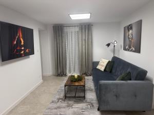 een woonkamer met een blauwe bank en een open haard bij Apartament u Bacy in Nowy Targ +8 foto's