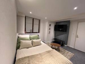 a bedroom with a large bed and a flat screen tv at Sand & Chill - Studio 37R in Rouffach