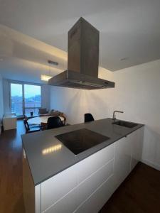 een keuken met een spoelbak en een aanrechtblad bij Cosy old port in Montreal