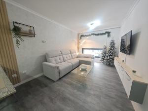 a living room with a couch and a christmas tree at Doña Urraca in Porriño