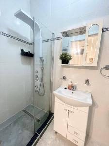 Old Town House في بوخارست: حمام مع دش ومغسلة ومرآة