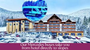 迪马诺卡多林纳乔泊科健康酒店的一张雪中酒店和一辆巴士的照片