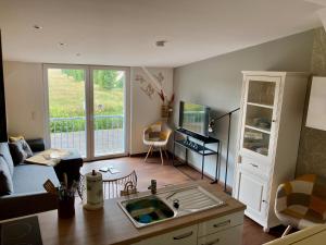 a kitchen with a sink and a living room at Ferienwohnungen Zur Biberburg in Friedrichswalde