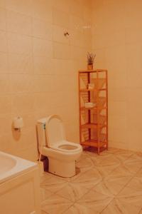a bathroom with a toilet and a book shelf at Sasselo Hotel in Accra