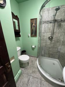 een groene badkamer met een toilet en een douche bij The Suite in Fort Morgan