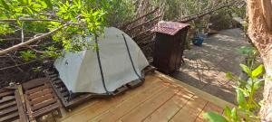 Commodity Camping Corazon Mazunte - Sol في مازونتي: خيمة جلوس على سطح خشبي