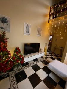 un salon avec un arbre de Noël et une télévision dans l'établissement Casa azul, à Caçapava