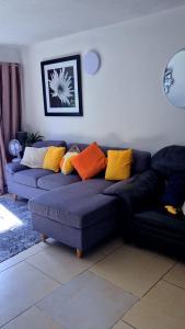 リムリックにあるEntire 2bed apartmentのリビングルーム(カラフルな枕と青いソファ付)