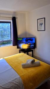 リムリックにあるEntire 2bed apartmentのベッドと薄型テレビのある寝室