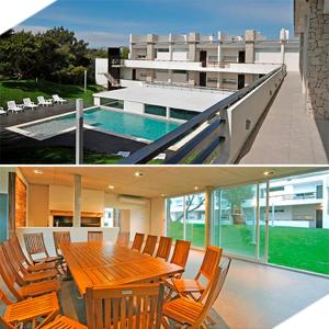 two pictures of a house with a wooden table and chairs at Apartmento, Punta 30 Complejo in Mar Azul
