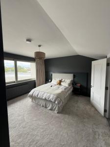 a bedroom with a dog laying on a bed at 4 bedroom house sleeps 8 next to Aviva Stadium and Landsdown Stadium in Dublin