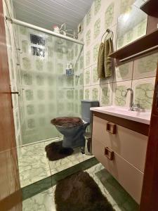 une salle de bains avec toilettes, douche et lavabo dans l'établissement Hostel Ninho das Harpias, à Divino de São Lourenço
