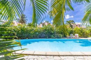 a swimming pool with palm trees and houses at Cas'à Willy in Sainte-Rose