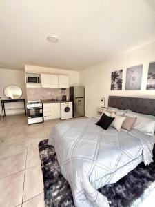 a bedroom with a large bed and a kitchen at Loft natural - Zona rio - Turismo! in Rosario +3 photos
