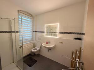 een badkamer met een toilet, een wastafel en een douche bij Laura Central Apartments in Gera