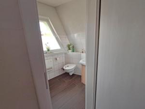 een badkamer met een toilet en een raam bij Moni in Hüttenrode +10 foto's