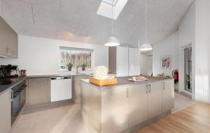 eine große Küche mit weißen Schränken und einer Arbeitsplatte in der Unterkunft Cozy Home In Glesborg With Sauna in Fjellerup