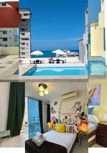 a collage of photos of a hotel with a bedroom and a pool at C&E ALOJAMIENTOS , Apartamentos a una calle de la Playa & Malecón in Salinas