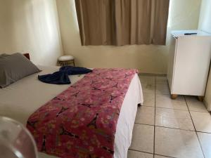 a bedroom with a bed with a red blanket on it at Quarto econômico no centro in Sete Lagoas