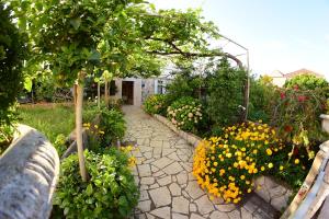 einen Garten mit gelben Blumen und einem Steinweg in der Unterkunft Apartment Sucuraj 16404b in Sućuraj