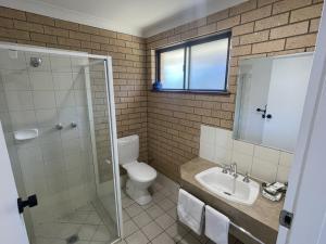 ein Badezimmer mit Toilette, Waschbecken und Dusche in der Unterkunft Albury Allawa Motor Inn in Albury + 21 Fotos