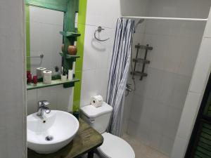 a bathroom with a sink and a toilet and a shower at Espacio Santa Bárbara, Zona Colonial in Santo Domingo +53 photos