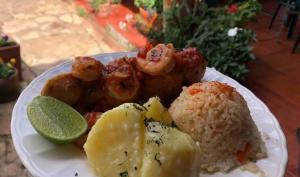 a plate of food with shrimp and rice and a lime at Cabaña Brisa Andina in Tibaná