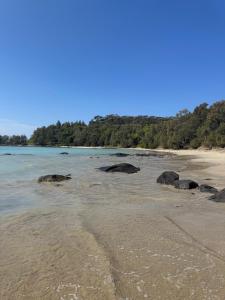 un grupo de rocas en el agua en una playa en Azure Abode, en Broulee